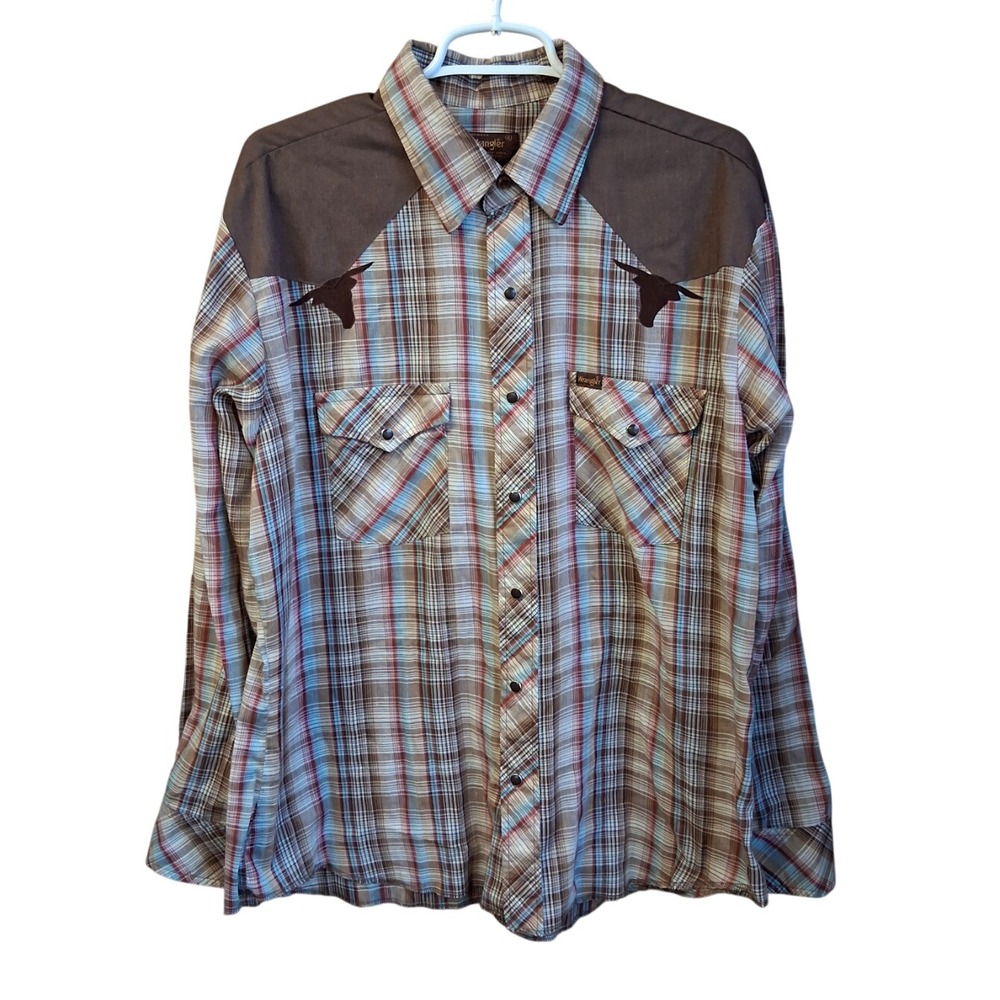 Wrangler Vintage Brown Plaid Pearl snap LS 70s/80s XLarge Western EUC